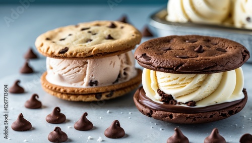 Delicious ice cream sandwiches featuring chocolate chip and chocolate cookies with scoops of ice cream on a blue background with chocolate chips on the side. Copy Space photo