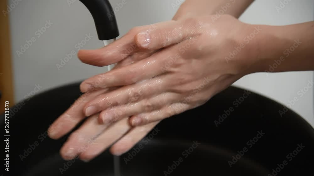 washing hands with clear water and liquid soap close-up, black sink and black tap in cozy bathroom, young caucasian woman, waking in morning, natural beauty, personal hygiene concept washing hands with clear water and liquid soap close-up, black sink and black tap in cozy bathroom, young caucasian woman, waking in morning, natural beauty, personal hygiene concept