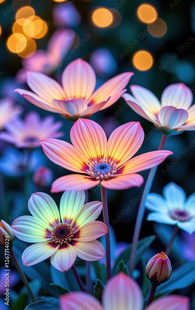 A stunning close-up of vibrant, glowing flowers in full bloom, illuminated with soft golden light. A stunning close-up of vibrant, glowing flowers in full bloom, illuminated with soft golden light.