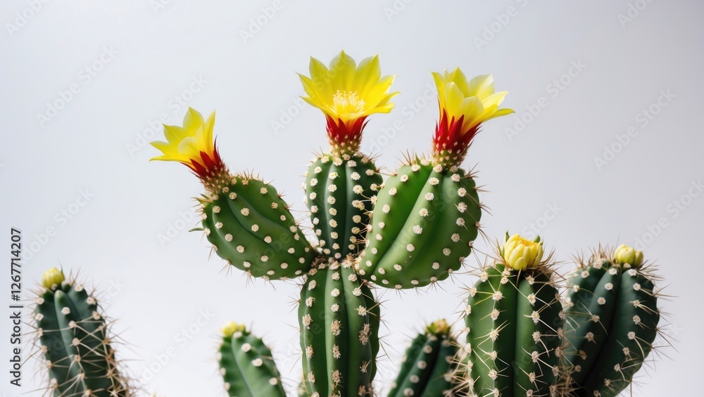 Cactus plant with yellow flowers against a light background showcasing its unique structure and spines Copy Space