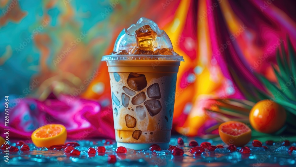 Fototapeta premium Colorful iced coffee beverage in clear cup with ice and decorative fruits on vibrant background with copy space