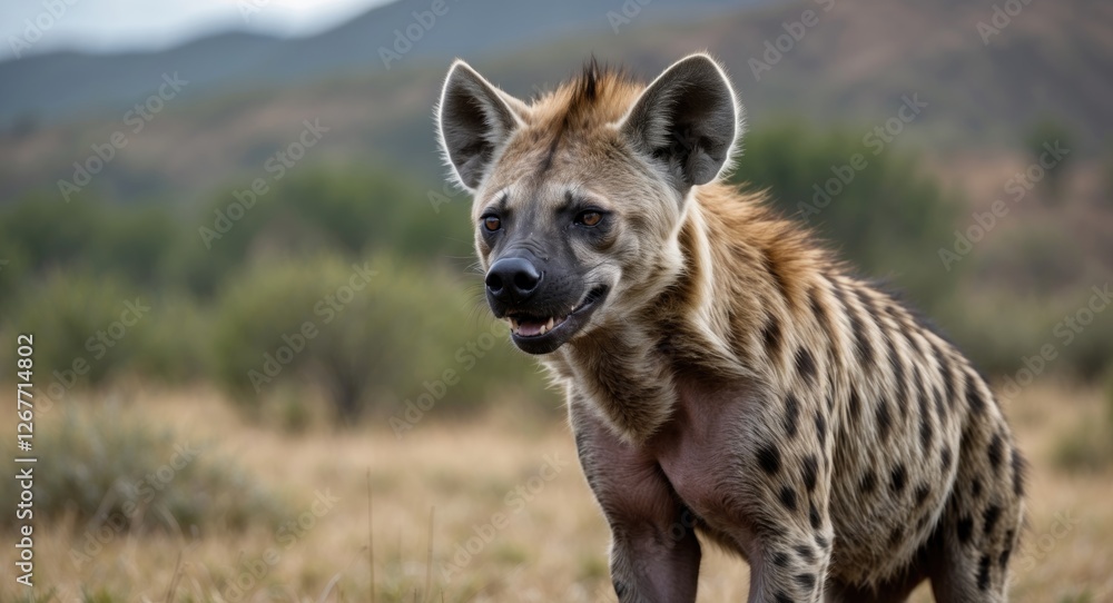 Hyena standing in a natural habitat showcasing distinctive fur patterns and a playful expression with blurred landscape background. Hyena standing in a natural habitat showcasing distinctive fur patterns and a playful expression with blurred landscape background.