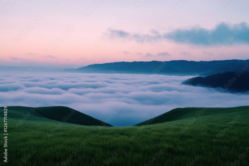 landscape view of green hills above clouds at dawn landscape view of green hills above clouds at dawn