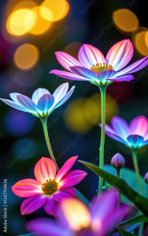 Naklejka premium A stunning close-up of vibrant, glowing flowers in full bloom, illuminated with soft golden light.