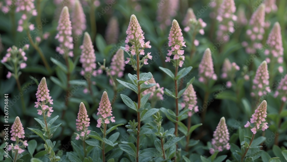 Fototapeta premium Close-up of blooming heather flowers in a field with green foliage and soft pink blossoms Copy Space