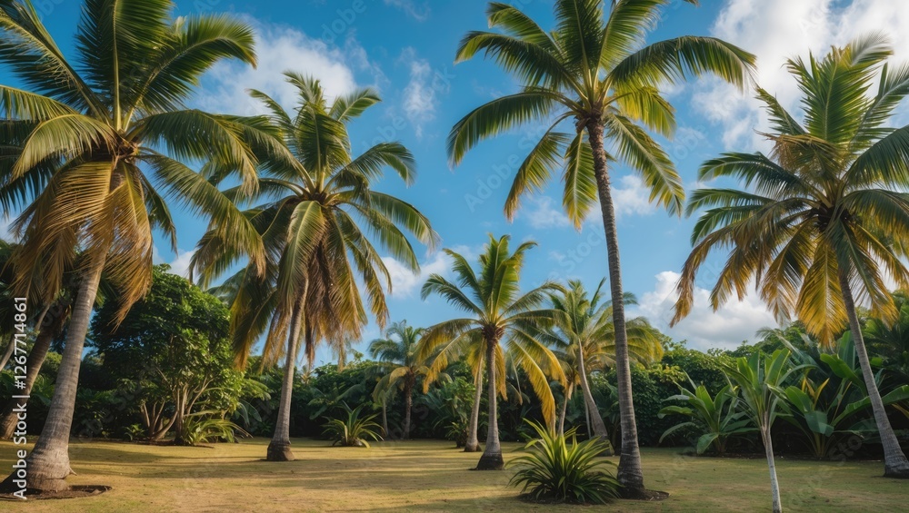 Tropical landscape with tall palm trees against a clear blue sky in a sunny green garden setting with open space for text copy space Tropical landscape with tall palm trees against a clear blue sky in a sunny green garden setting with open space for text copy space
