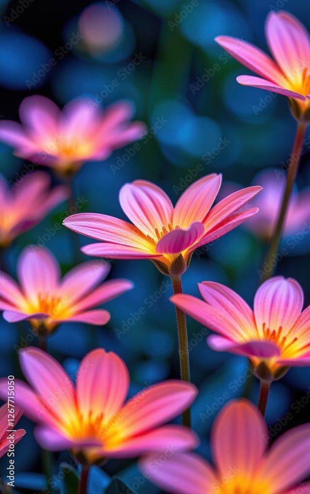 A stunning close-up of vibrant, glowing flowers in full bloom, illuminated with soft golden light. A stunning close-up of vibrant, glowing flowers in full bloom, illuminated with soft golden light.