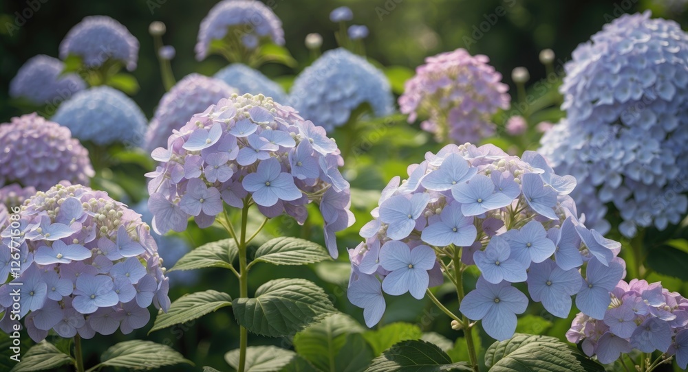 Hydrangea flowers in soft pastel colors blooming in a lush garden with blurred background and natural lighting Copy Space Hydrangea flowers in soft pastel colors blooming in a lush garden with blurred background and natural lighting Copy Space