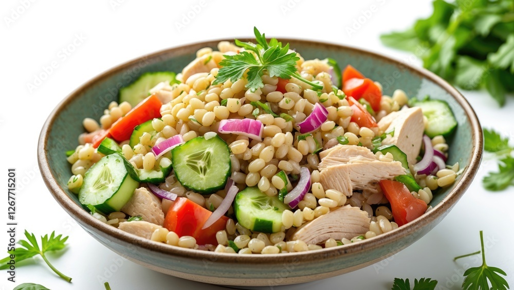 Healthy grain salad with cucumber, tomatoes, red onion, and chicken in a ceramic bowl garnished with fresh herbs on a white background, Copy Space Healthy grain salad with cucumber, tomatoes, red onion, and chicken in a ceramic bowl garnished with fresh herbs on a white background, Copy Space