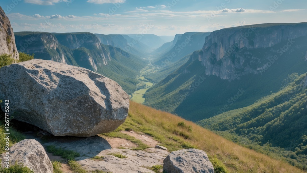Fototapeta premium Aerial view of a deep valley with towering cliffs and large rocks in the foreground against a blue sky with scattered clouds Copy Space