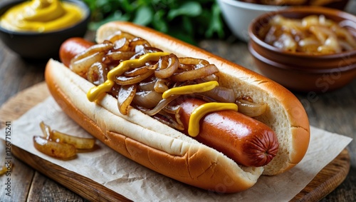 Hot dog in a bun topped with caramelized onions and mustard served on wooden board with side condiments and garnishing herbs with Copy Space photo