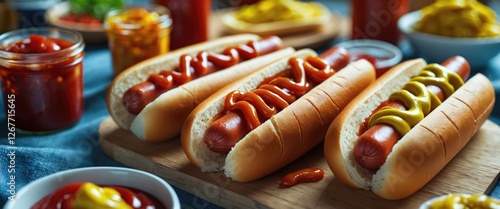 Hot dogs with various condiments including ketchup and mustard served on a wooden board with additional sauces in the background Copy Space photo