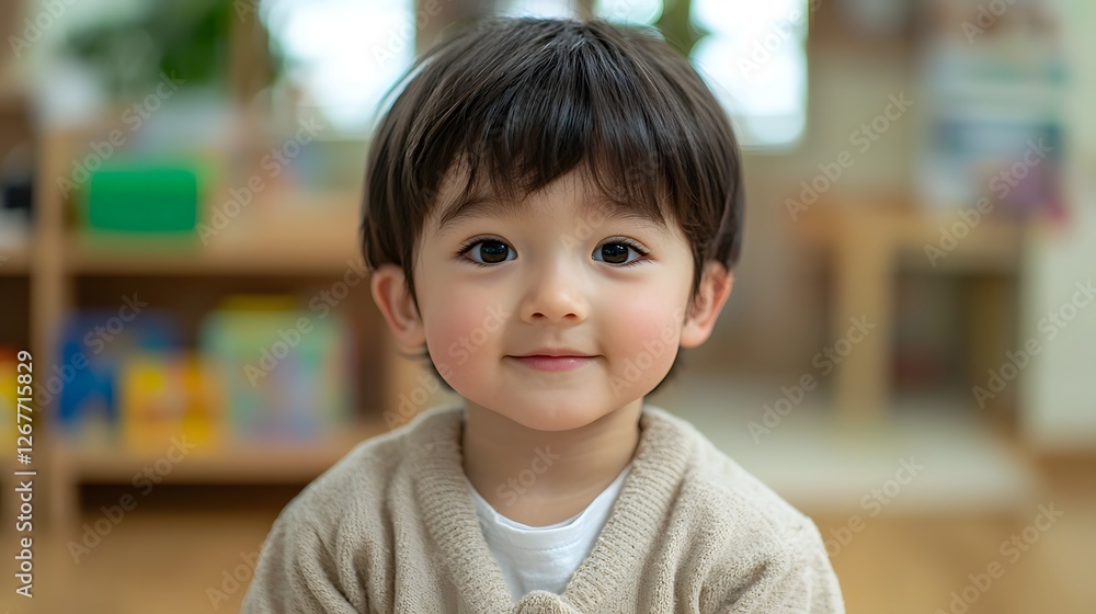 Curious young boy smiling in a Montessori classroom setting, exploring and discovering his surroundings with joy and enthusiasm