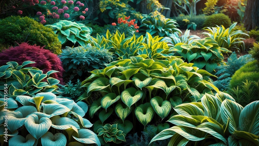 Obraz premium Lush garden landscape featuring diverse foliage including hostas and vibrant ornamental plants with natural lighting and textures Copy Space