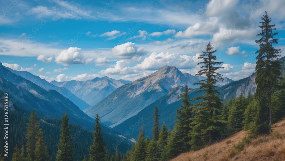 Fototapeta premium Mountain landscape with evergreen trees in foreground under cloudy blue sky in summer season Copy Space