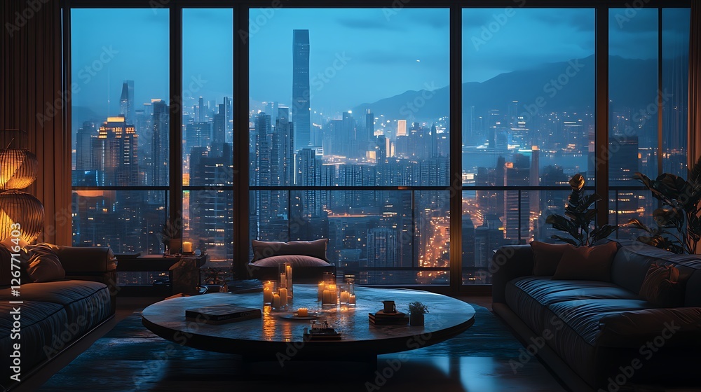 Fototapeta premium spacious deluxe lounge with floor-to-ceiling arched window arrangements image