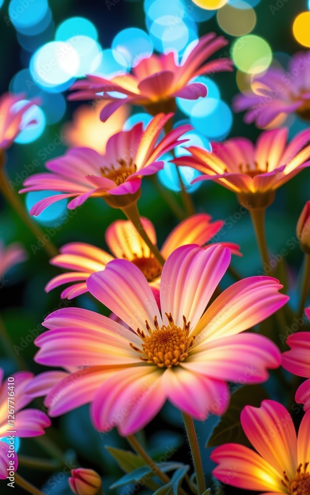 A stunning close-up of vibrant, glowing flowers in full bloom, illuminated with soft golden light. A stunning close-up of vibrant, glowing flowers in full bloom, illuminated with soft golden light.