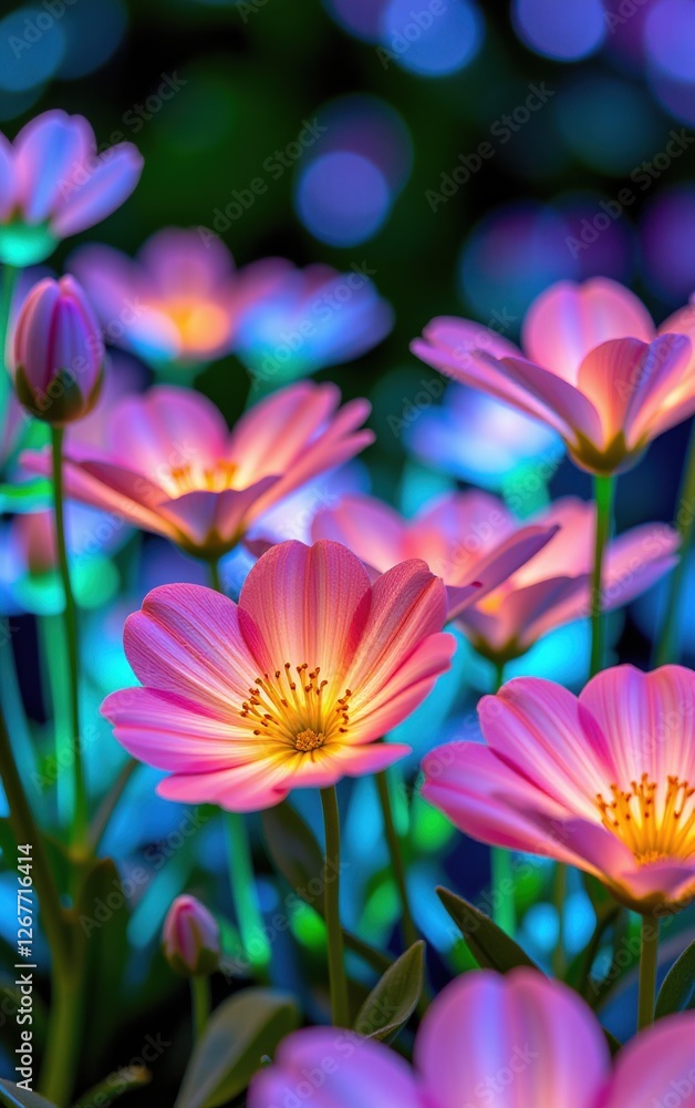 A stunning close-up of vibrant, glowing flowers in full bloom, illuminated with soft golden light. A stunning close-up of vibrant, glowing flowers in full bloom, illuminated with soft golden light.