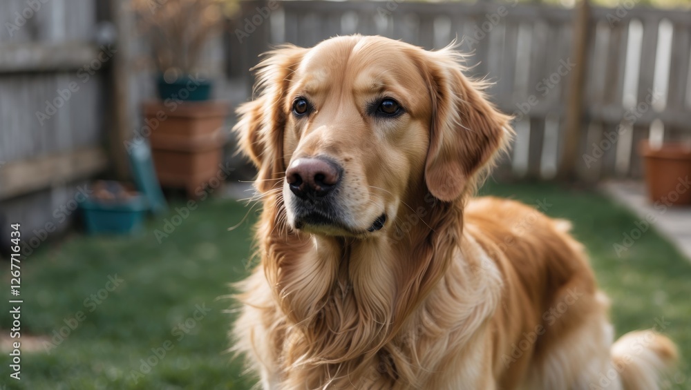 Golden retriever dog outdoors in backyard with blurred fence and potted plants visible in background Copy Space Golden retriever dog outdoors in backyard with blurred fence and potted plants visible in background Copy Space