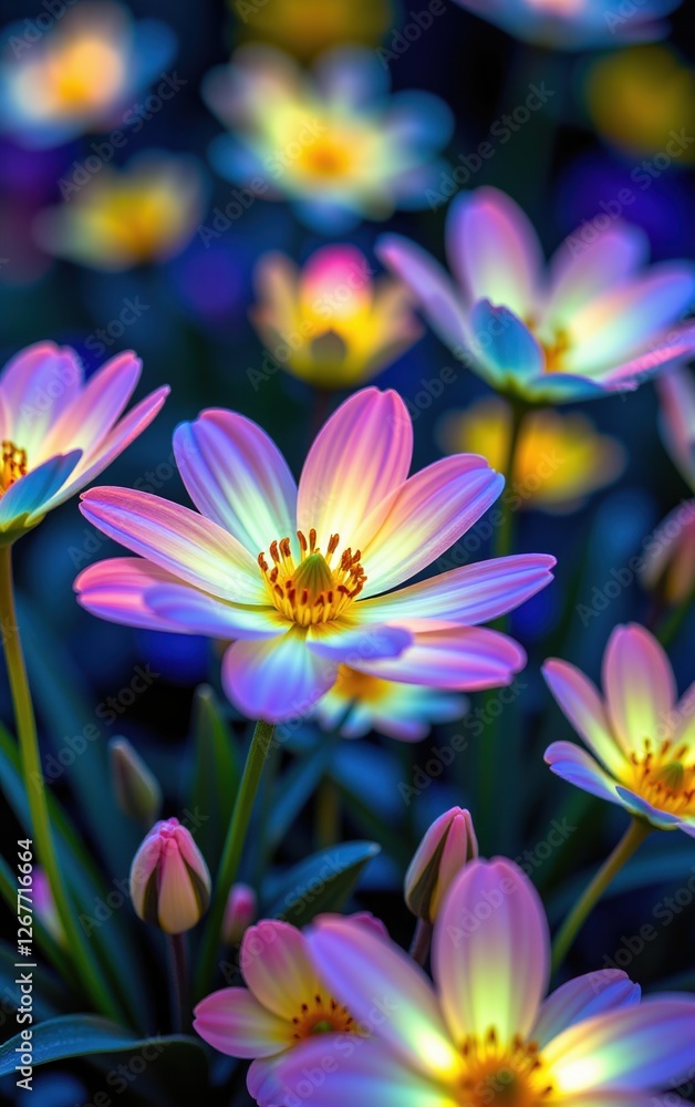 Fototapeta premium A stunning close-up of vibrant, glowing flowers in full bloom, illuminated with soft golden light. 