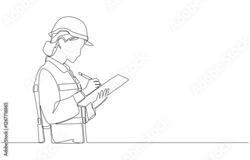 Continuous one line drawing of female shipping worker checking cargo of container, international logistics and shipping concept, single line art