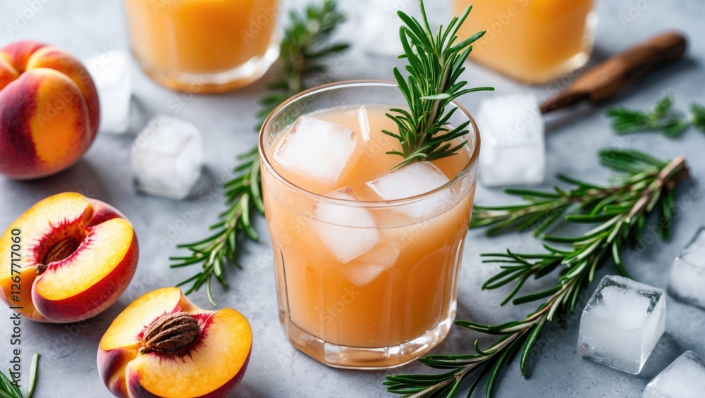 Peach cocktail with ice cubes garnished with rosemary surrounded by fresh peaches and ice on grey background with Copy Space Peach cocktail with ice cubes garnished with rosemary surrounded by fresh peaches and ice on grey background with Copy Space