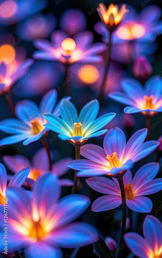 A stunning close-up of vibrant, glowing flowers in full bloom, illuminated with soft golden light. A stunning close-up of vibrant, glowing flowers in full bloom, illuminated with soft golden light.