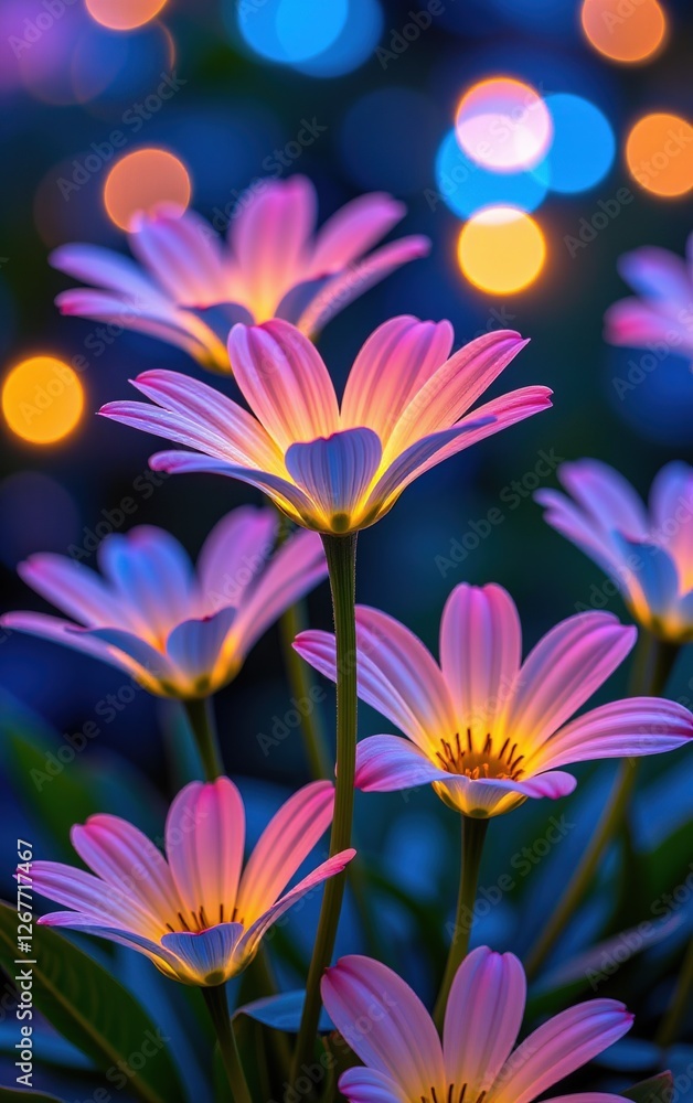 A stunning close-up of vibrant, glowing flowers in full bloom, illuminated with soft golden light. A stunning close-up of vibrant, glowing flowers in full bloom, illuminated with soft golden light.