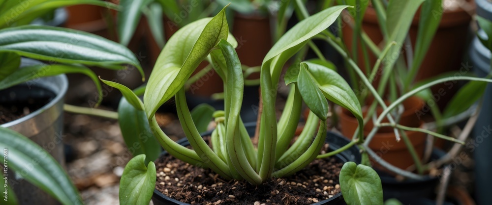 Obraz premium Potted green houseplant with lush leaves growing from rich soil surrounded by other plants in natural light Copy Space