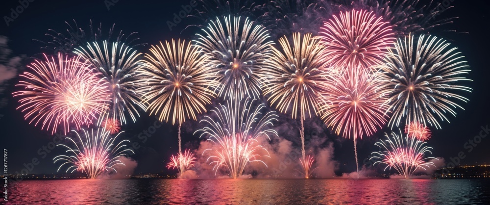 Fototapeta premium Colorful fireworks display over water at night with reflections and smoke creating a festive atmosphere Copy Space
