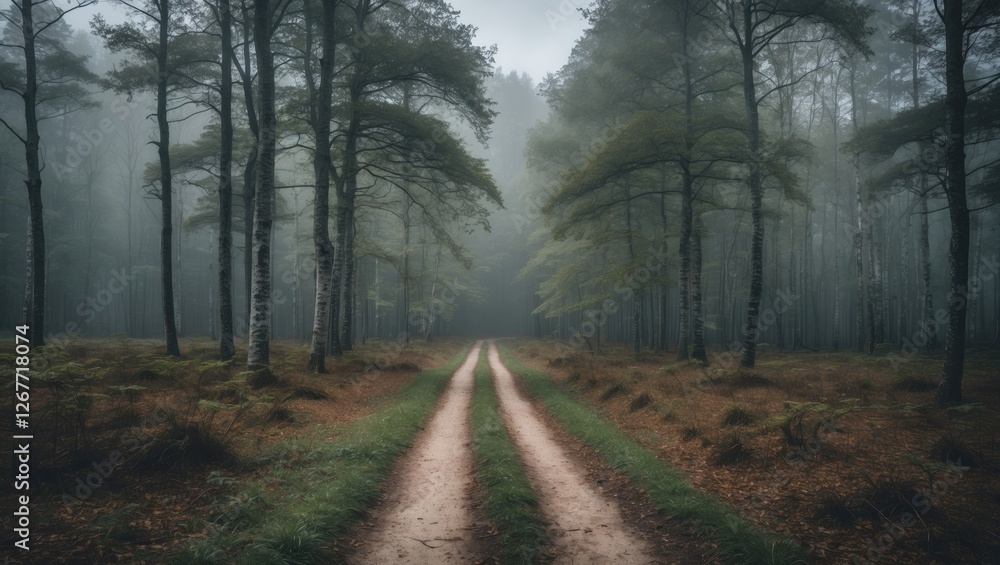 Misty forest path with dirt road surrounded by tall trees and undergrowth in tranquil landscape with copy space for text Misty forest path with dirt road surrounded by tall trees and undergrowth in tranquil landscape with copy space for text