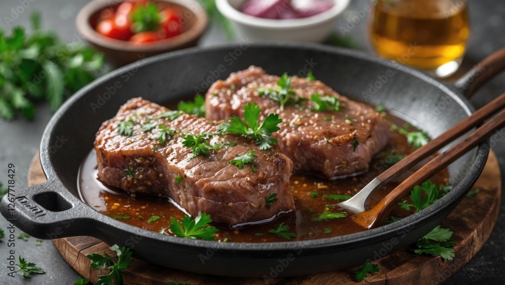 Cooked steak garnished with parsley in a cast iron skillet with sauce on a wooden board served with cherry tomatoes and onions Copy Space Cooked steak garnished with parsley in a cast iron skillet with sauce on a wooden board served with cherry tomatoes and onions Copy Space