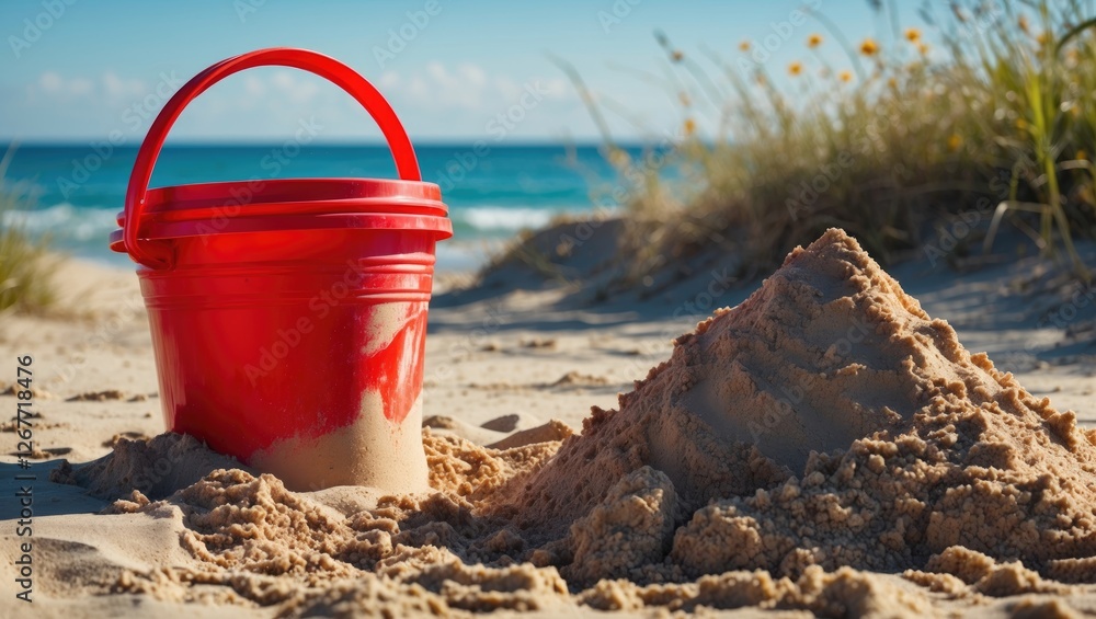 Red plastic bucket next to sand pile on beach with ocean in background bright sunny day Copy Space Red plastic bucket next to sand pile on beach with ocean in background bright sunny day Copy Space