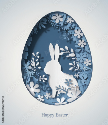 3d abstract paper cut illustration of colorful paper art easter rabbit, grass, flowers and blue egg shape.
