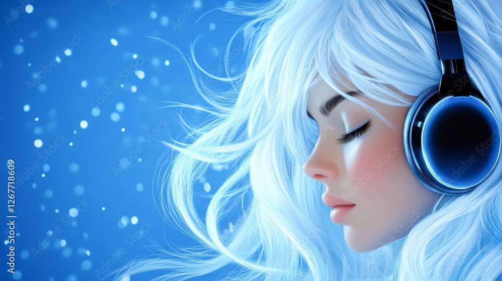 Fototapeta premium A young woman with flowing white hair wears sleek headphones, immersed in music against a dreamy blue backdrop, This image is perfect for themes of relaxation, music, or creativity in promotions,