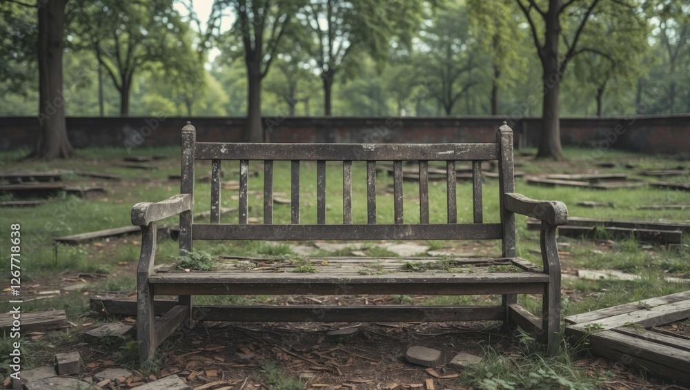 Abandoned wooden bench in overgrown park surrounded by trees and grassy area with broken pavement stones Copy Space Abandoned wooden bench in overgrown park surrounded by trees and grassy area with broken pavement stones Copy Space
