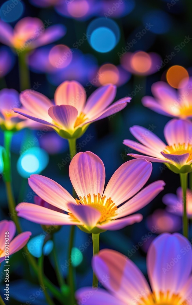 A stunning close-up of vibrant, glowing flowers in full bloom, illuminated with soft golden light. A stunning close-up of vibrant, glowing flowers in full bloom, illuminated with soft golden light.