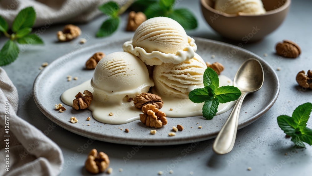 Vanilla ice cream scoops topped with mint leaves and walnuts on a plate with melting cream and spoon Copy Space Vanilla ice cream scoops topped with mint leaves and walnuts on a plate with melting cream and spoon Copy Space