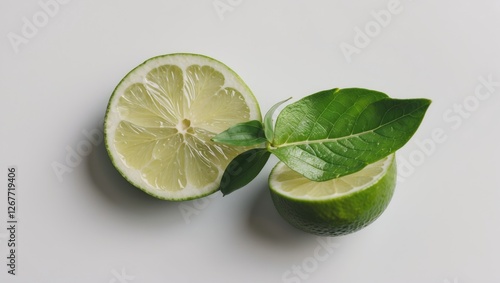 Fresh lime halves with leaves on a clean surface showcasing vibrant green color and texture Copy Space