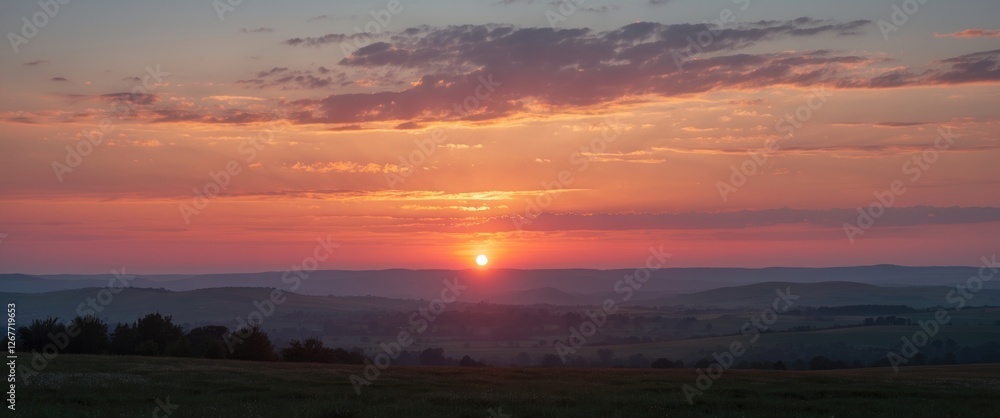 Sunrise over rolling hills with colorful sky and clouds, rural landscape at dawn, natural scenery, Copy Space Sunrise over rolling hills with colorful sky and clouds, rural landscape at dawn, natural scenery, Copy Space