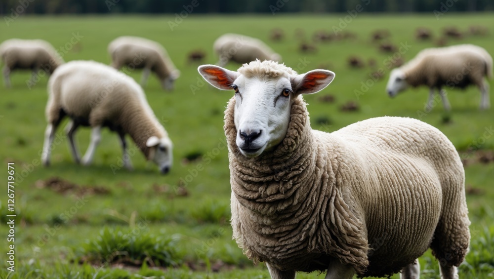 Obraz premium Sheep grazing in a green field with blurred herd in background showing natural rural landscape Copy Space