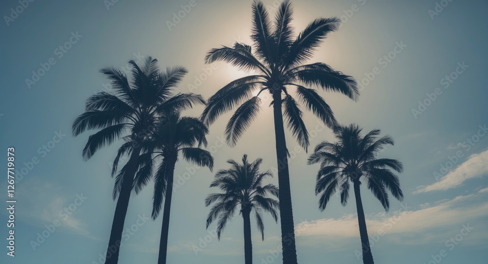 Silhouette of palm trees against a bright sun with blue sky and clouds in background Copy Space Silhouette of palm trees against a bright sun with blue sky and clouds in background Copy Space
