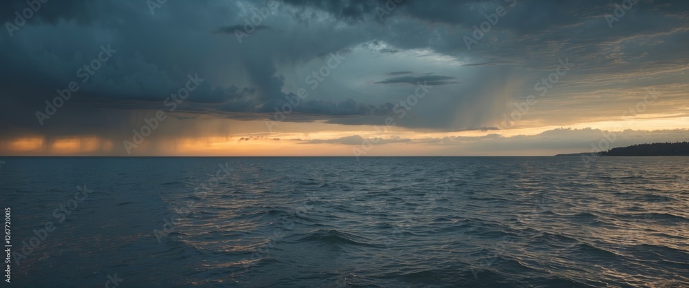 Fototapeta premium Dramatic seascape with dark storm clouds and rain over calm water at sunset with orange and gray tones and Copy Space