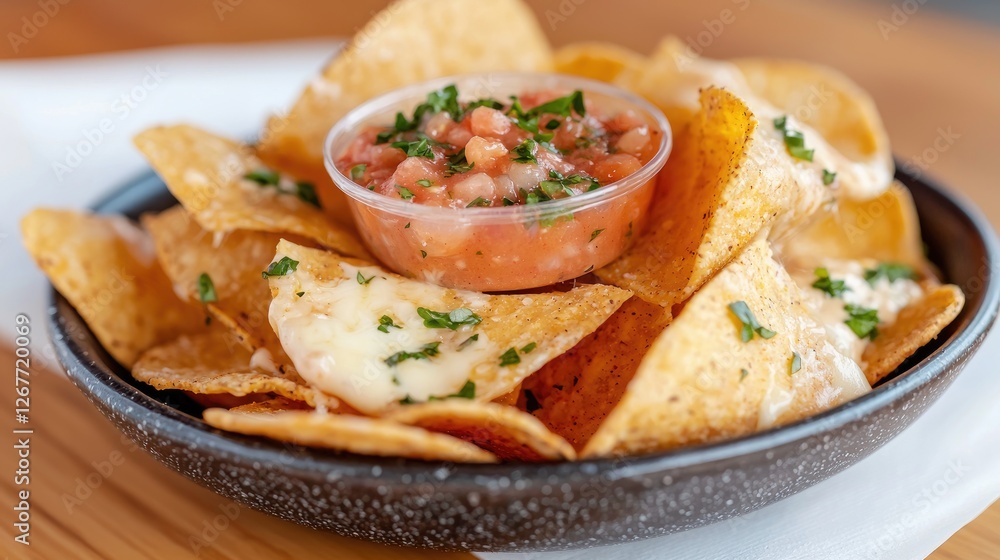 Nachos with salsa and cheese, wooden table background, appetizer Nachos with salsa and cheese, wooden table background, appetizer