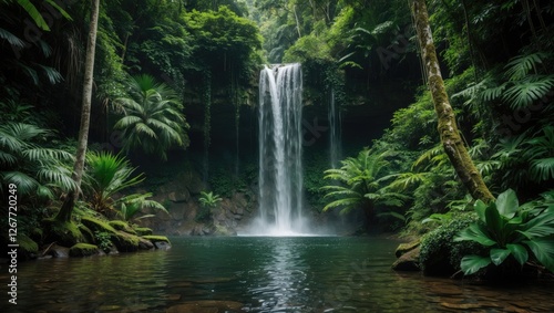Lush tropical rainforest with waterfall and serene pool surrounded by dense foliage and vibrant greenery Copy Space