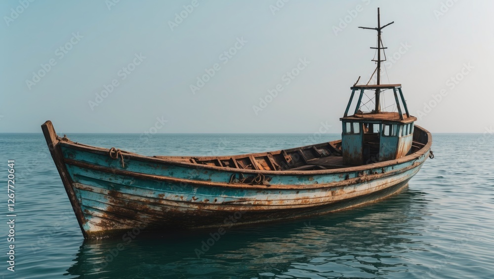 Old wooden fishing boat stranded in calm waters with peeling blue paint and rustic details Copy Space Old wooden fishing boat stranded in calm waters with peeling blue paint and rustic details Copy Space