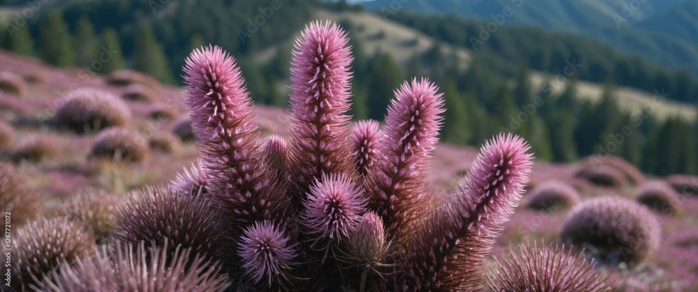 Vibrant purple spiky succulent plants in a natural landscape with distant mountains and lush greenery Copy Space Vibrant purple spiky succulent plants in a natural landscape with distant mountains and lush greenery Copy Space