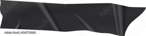 Floating piece of black adhesive tape with wrinkles creates a dramatic and mysterious effect against a clean white background, adding depth and intrigue to the composition