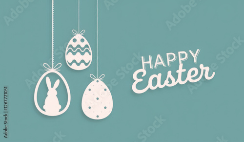 Happy Easter card with easter eggs garland and rabbit. Simple vector decoration
