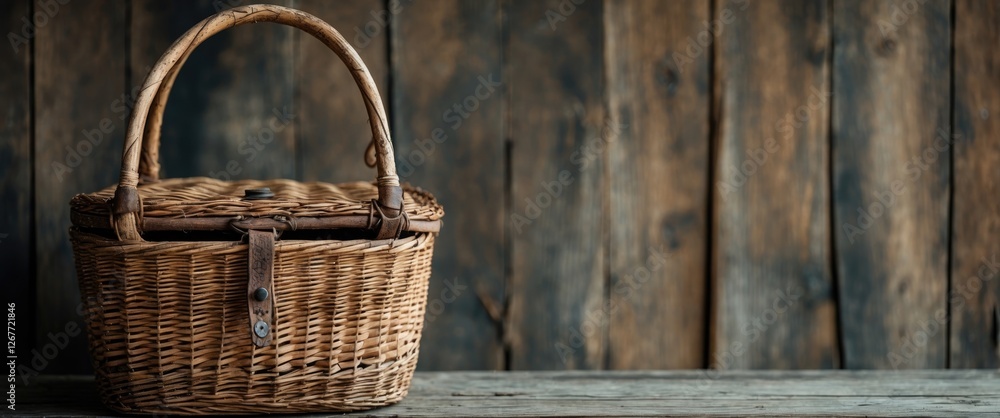 Woven wicker basket with handle on wooden table against rustic wooden background Copy Space Woven wicker basket with handle on wooden table against rustic wooden background Copy Space